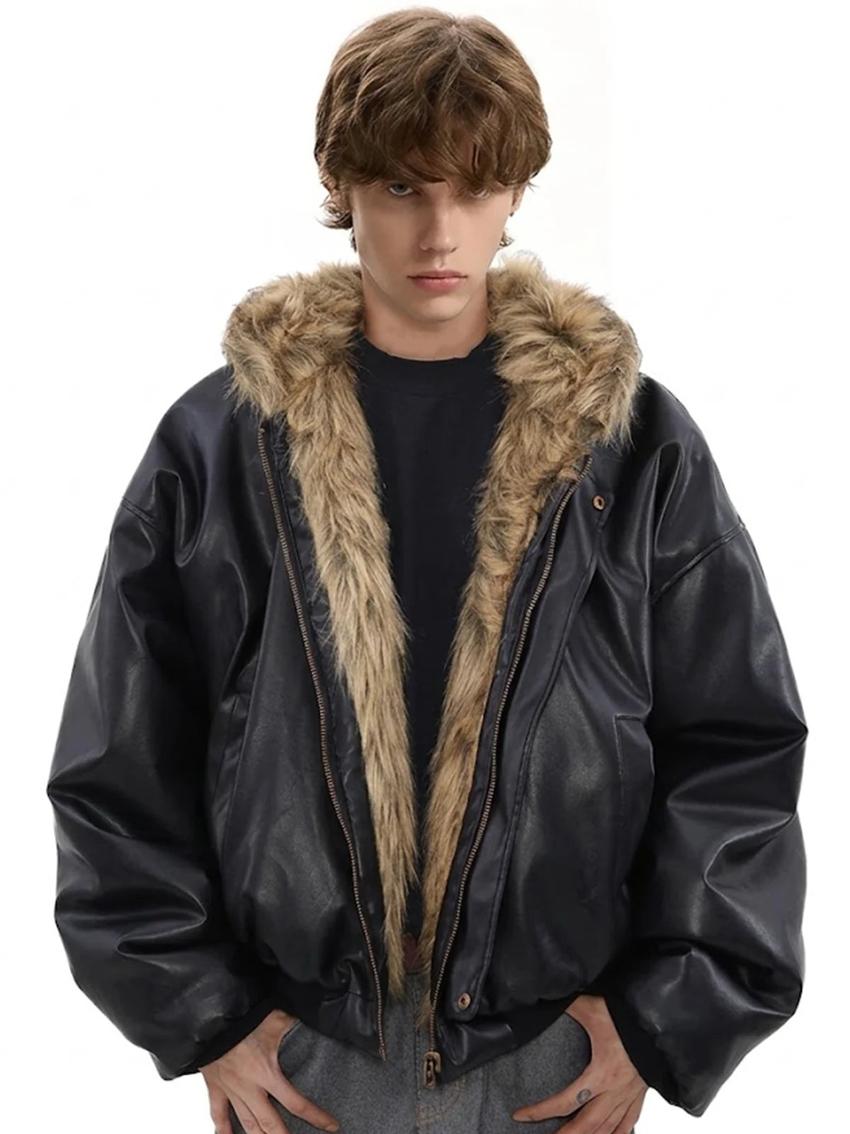 Reversible Faux Fur & Leather Hooded Bomber Jacket
