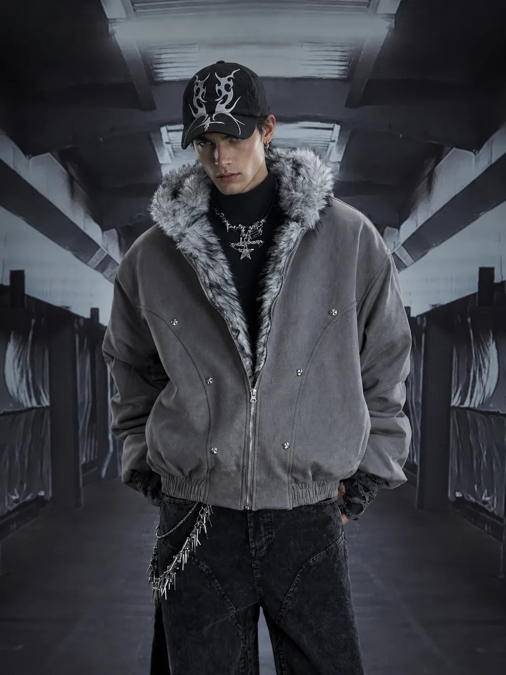 Gothic Cross Faux Fur Hooded Puffer Bomber Jacket