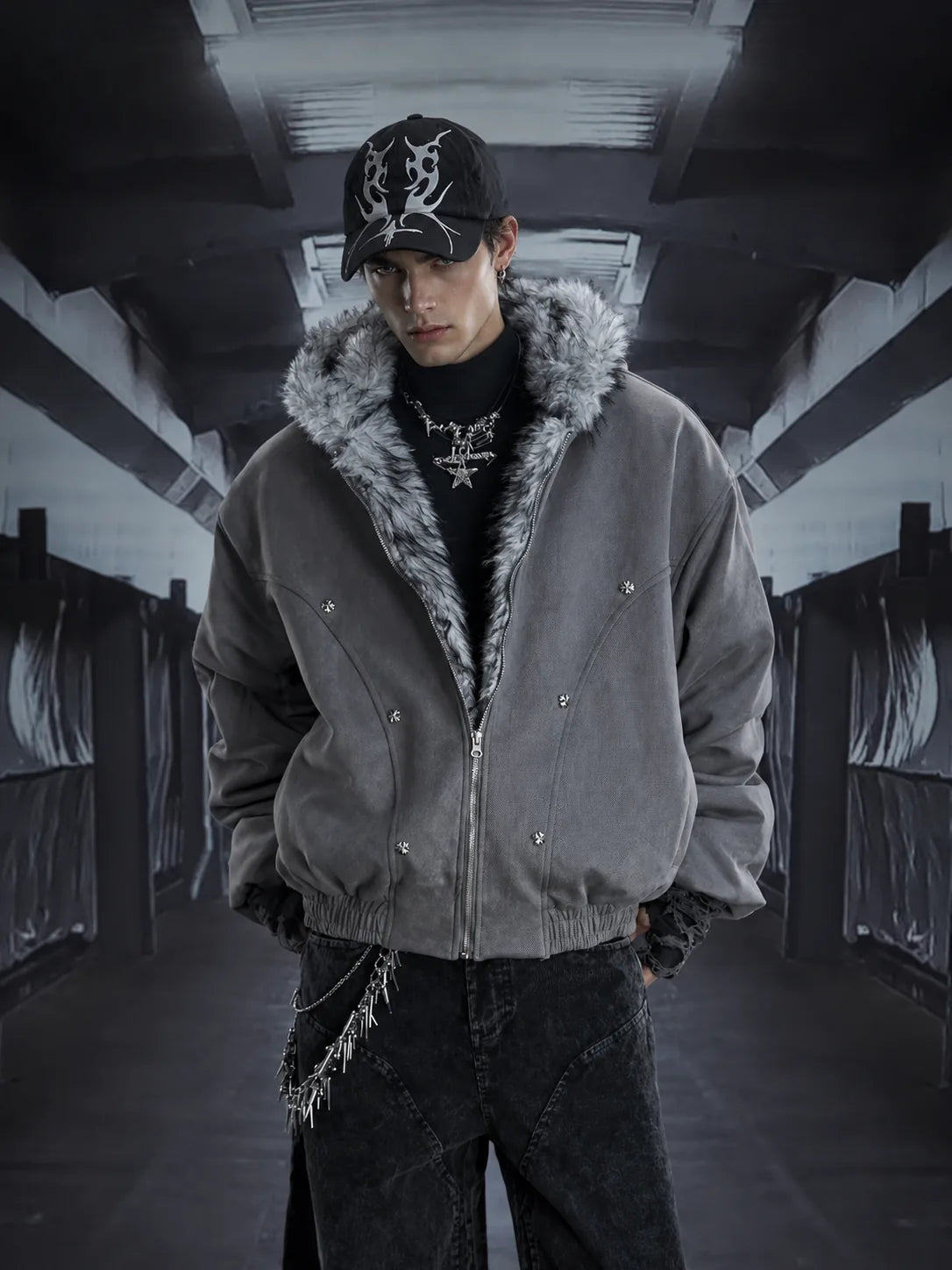 Gothic Cross Faux Fur Hooded Puffer Bomber Jacket