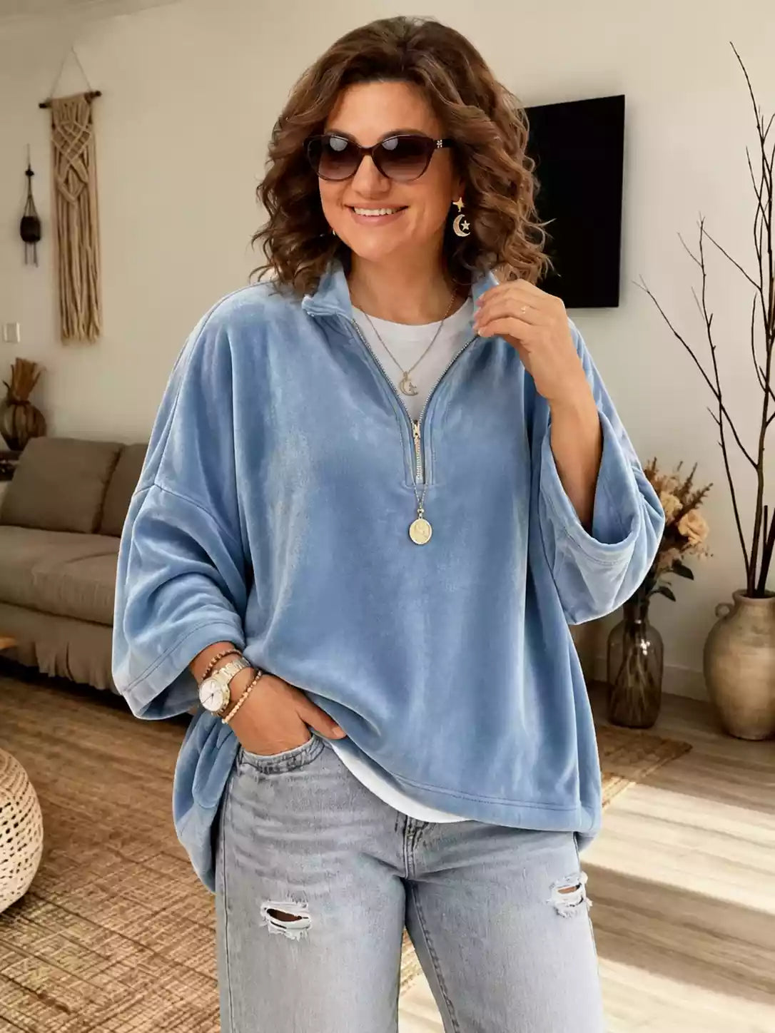 Women's Luxury Velvet Half Zip Pullover Top