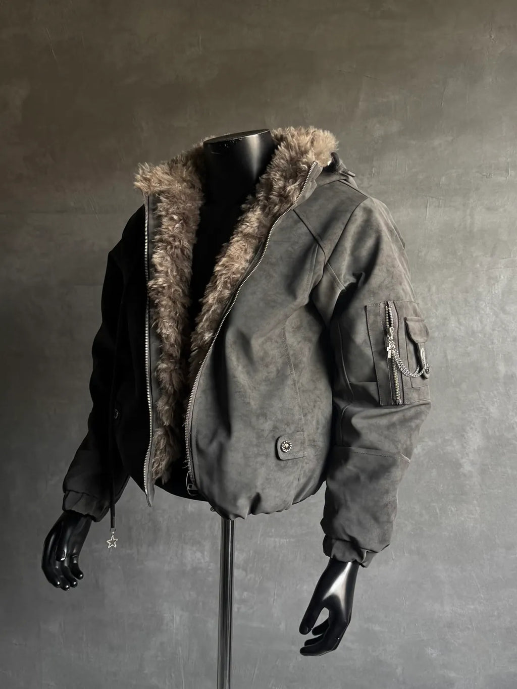 Fur-Trimmed Star-Pendant Suede-Finish Hooded Bomber Jacket