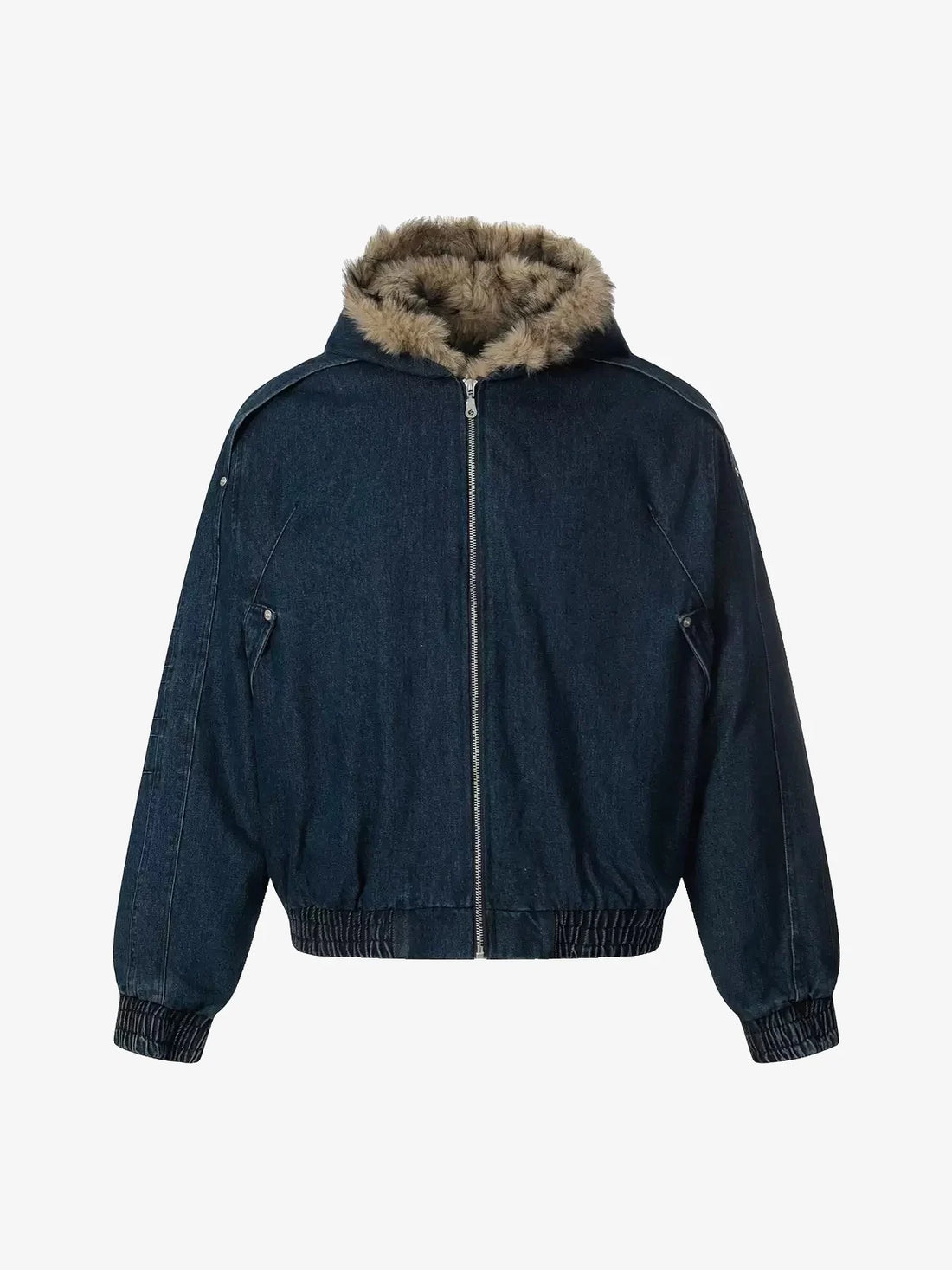 Faux Fur Trim Hooded Denim Bomber Jacket