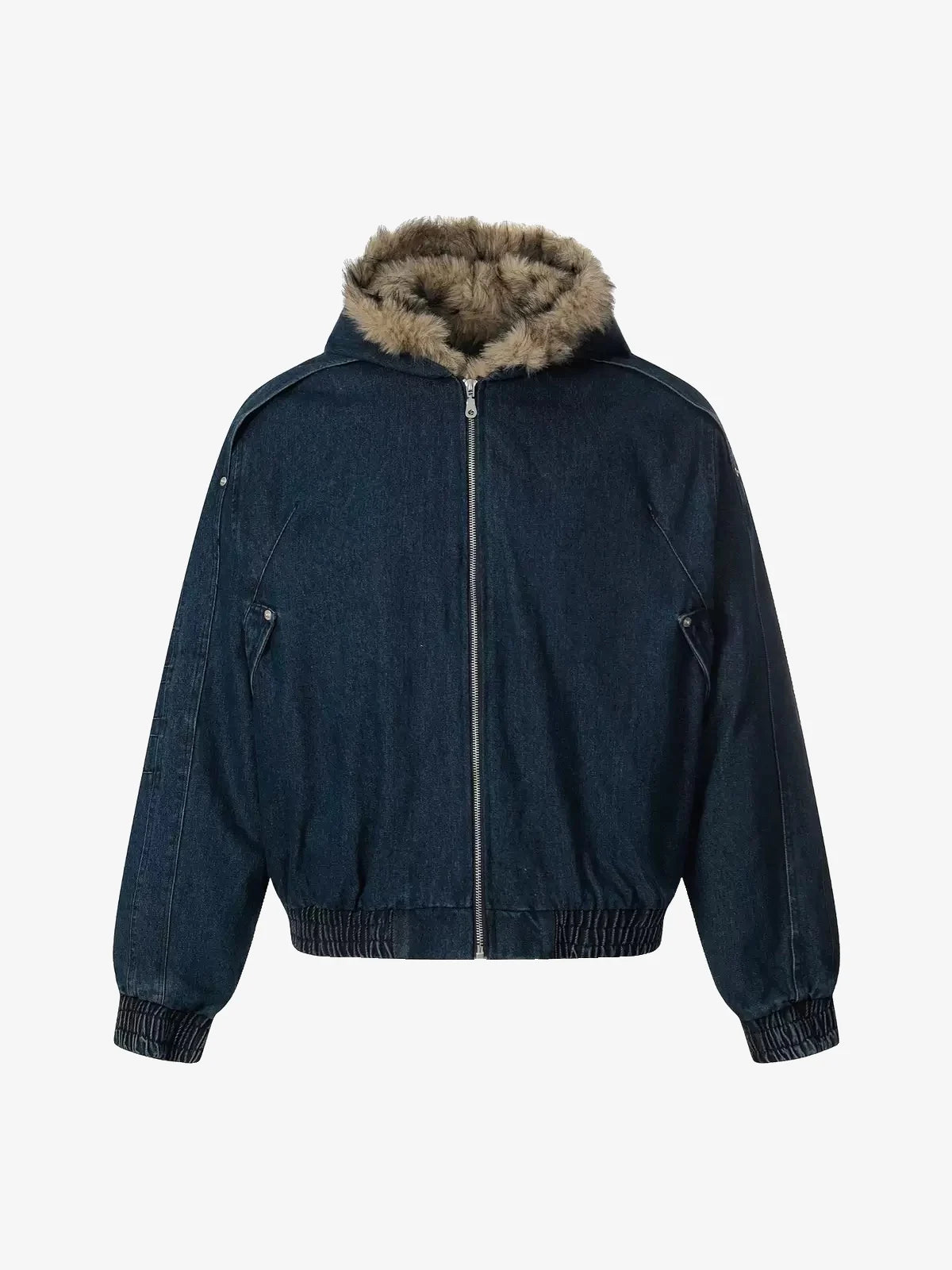 Faux Fur Trim Hooded Denim Bomber Jacket