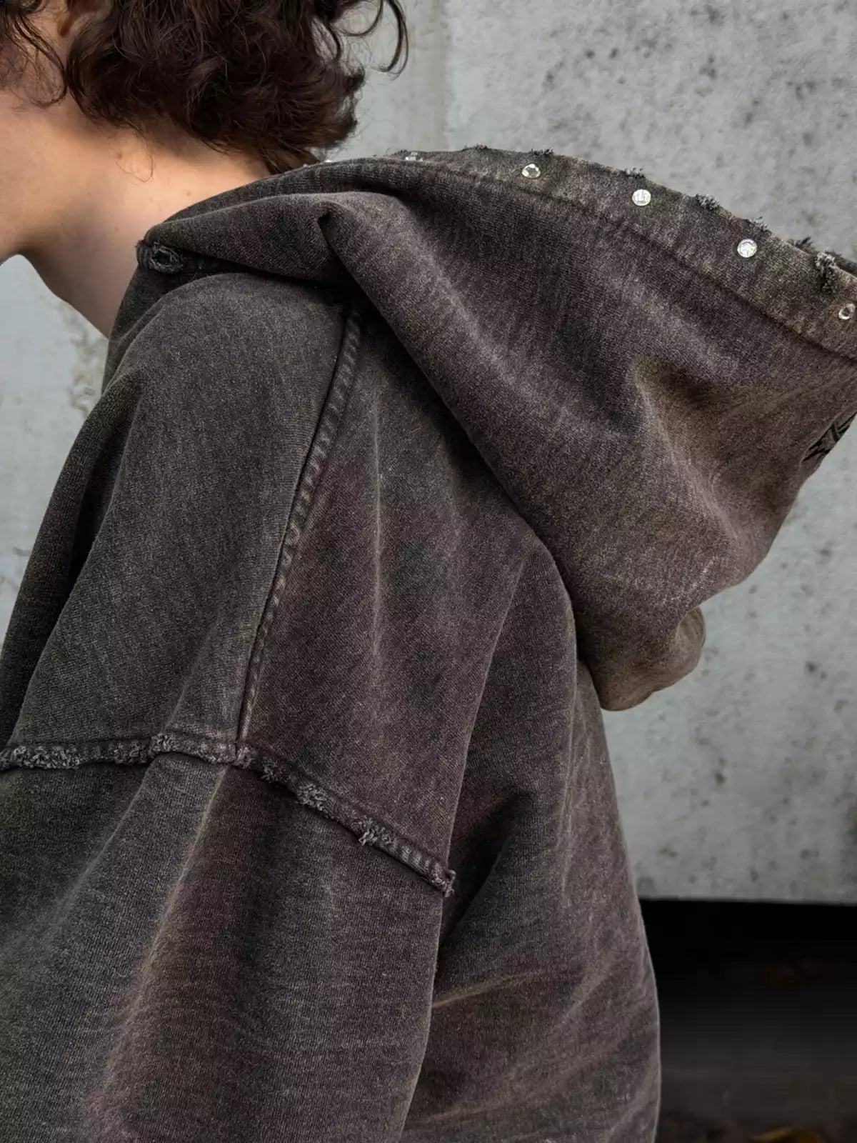 Studded Washed Zip-Up Hoodie Jacket