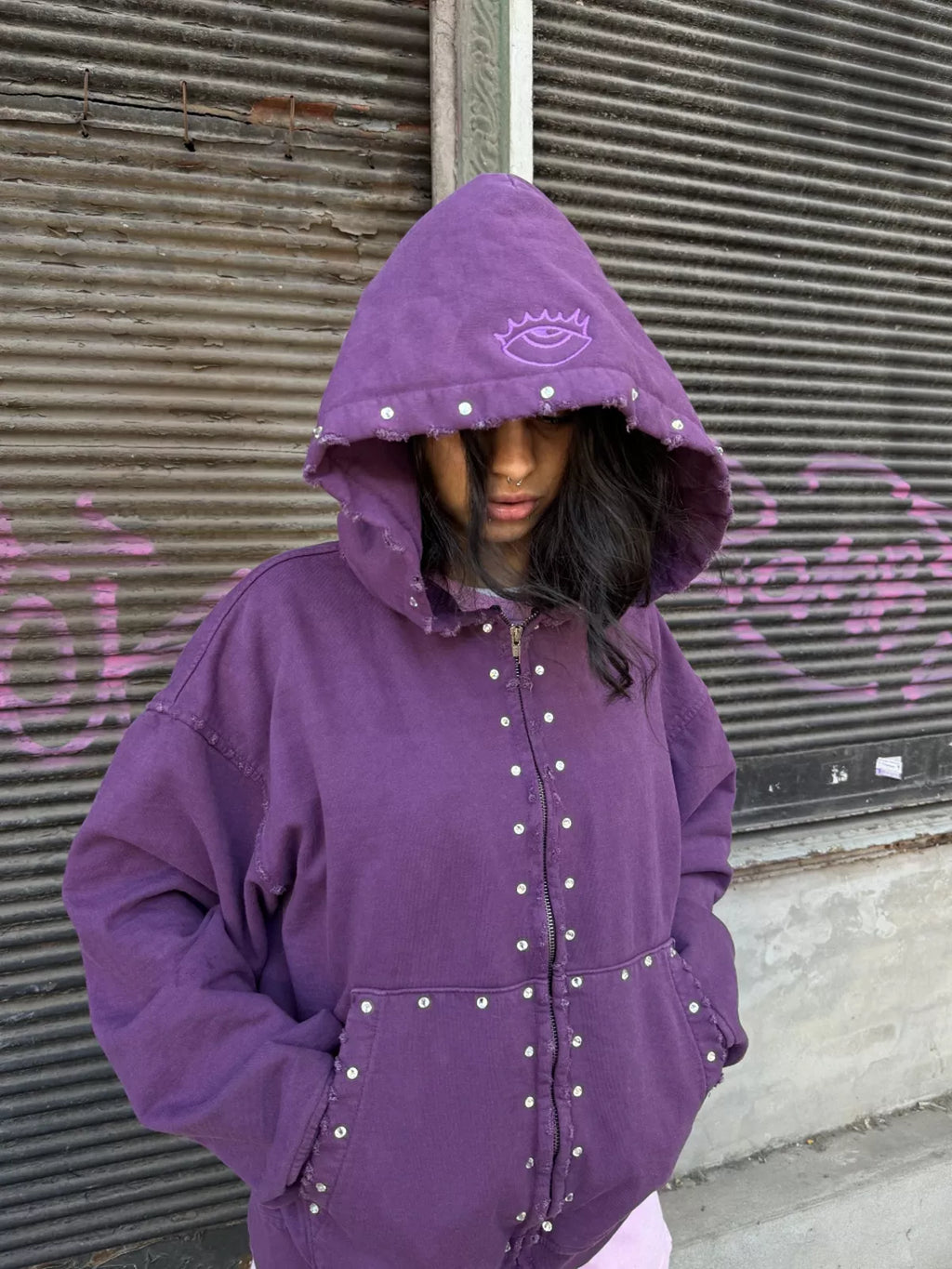 Studded Washed Zip-Up Hoodie Jacket