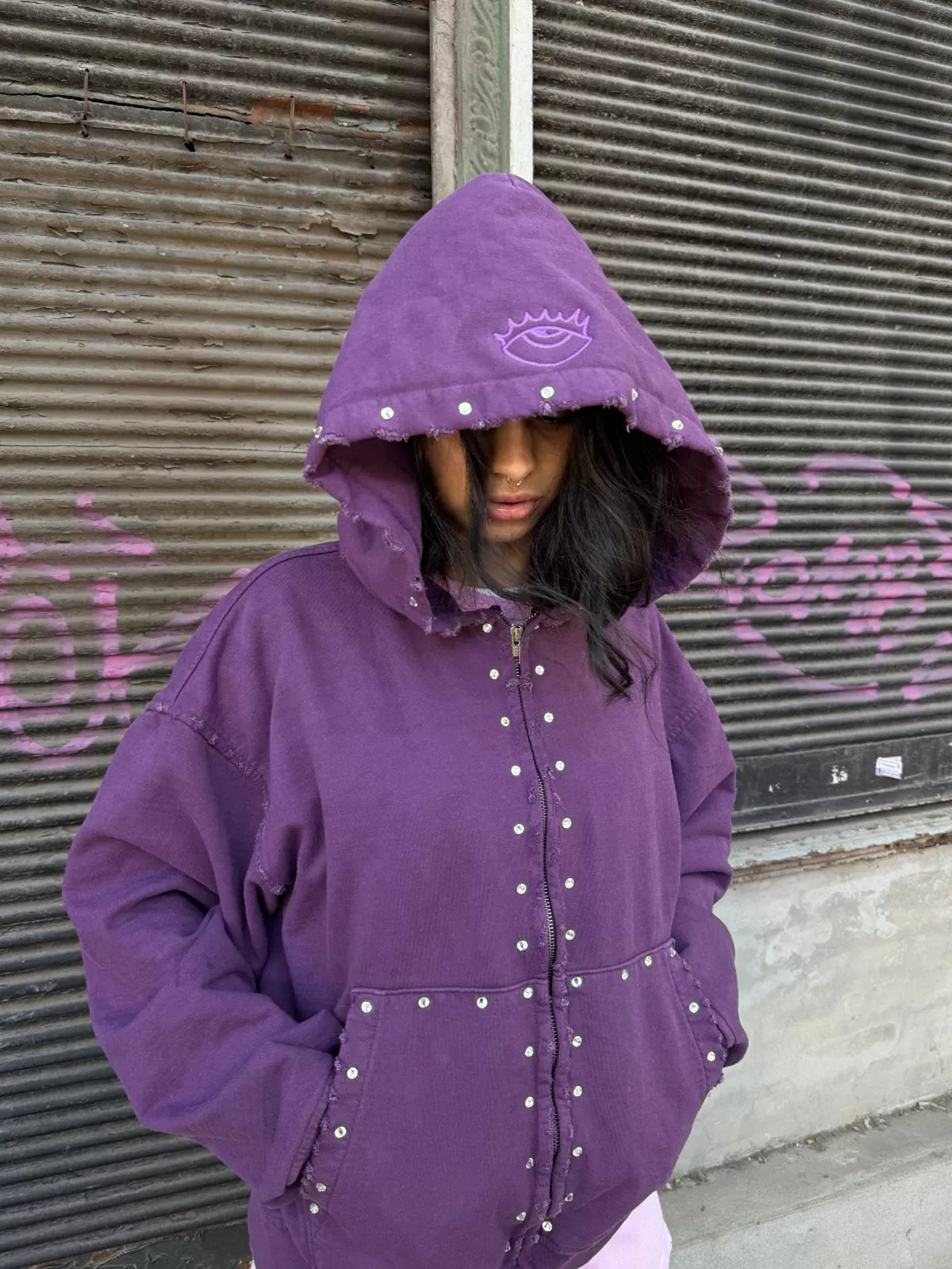Studded Washed Zip-Up Hoodie Jacket
