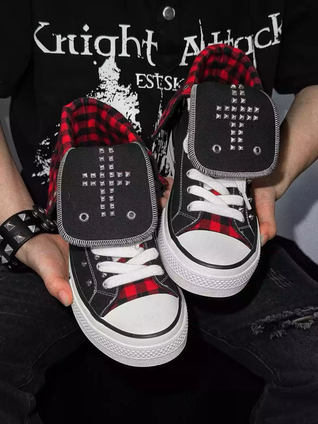 Niceprimes Rivet Cross Studded Plaid Fold-Over High-Top Sneakers