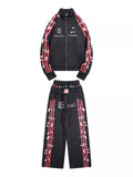Music Note Graphic Track Jacket & Wide-Leg Pants Set