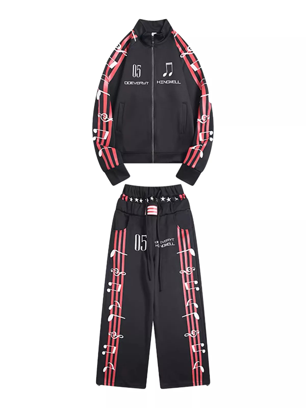 Music Note Graphic Track Jacket & Wide-Leg Pants Set