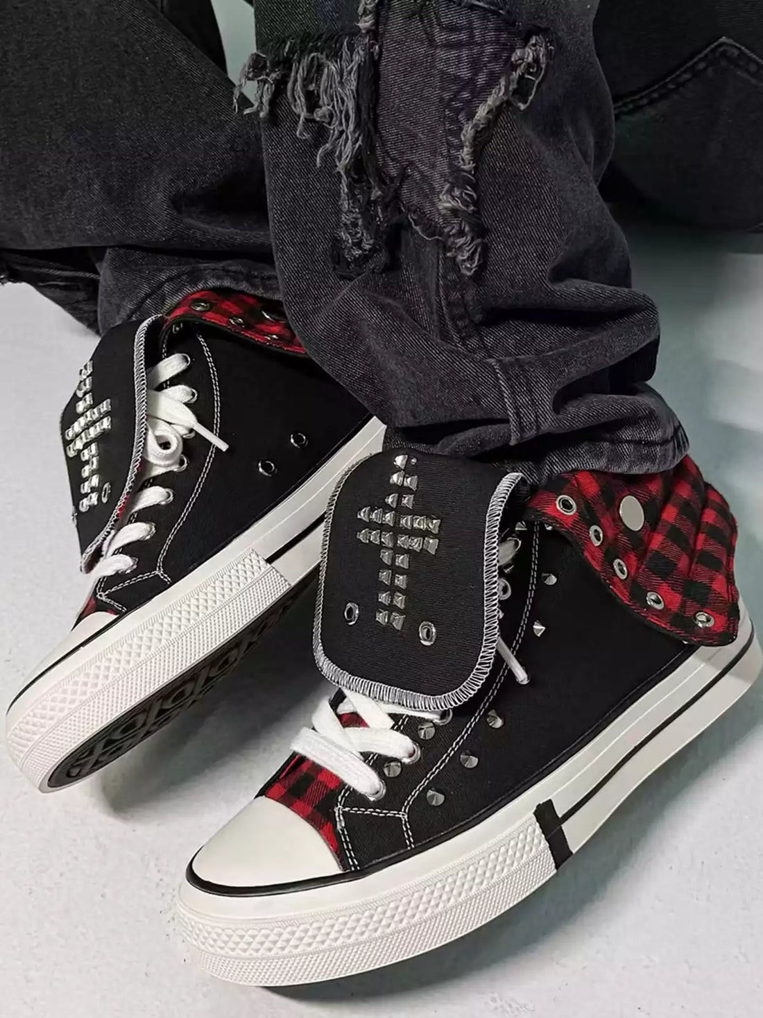 Niceprimes Rivet Cross Studded Plaid Fold-Over High-Top Sneakers