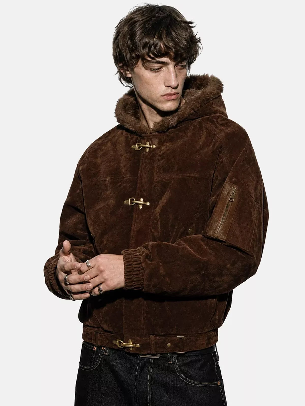 Faux Fur Lined Clasp Bomber Jacket