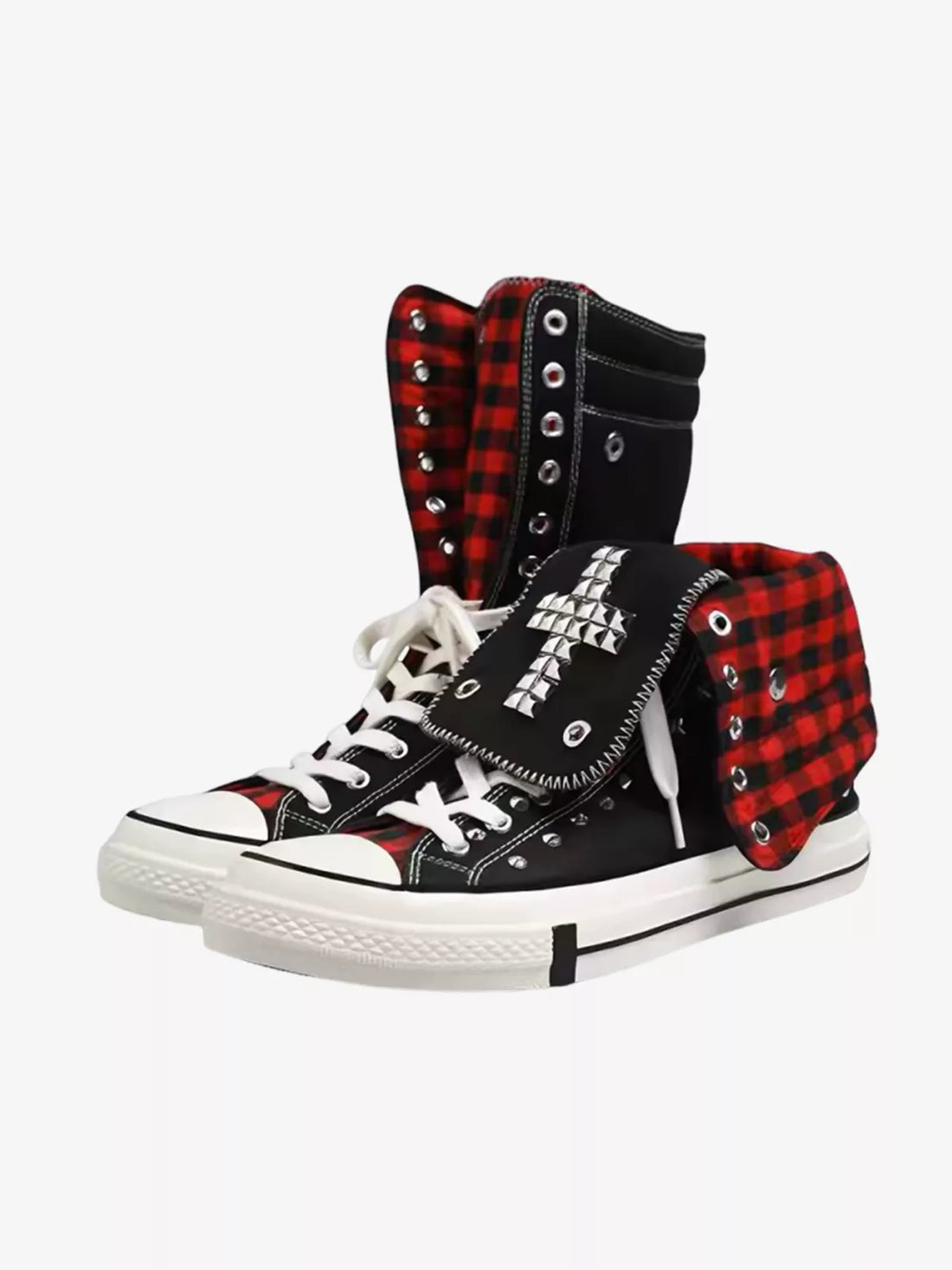 Niceprimes Rivet Cross Studded Plaid Fold-Over High-Top Sneakers