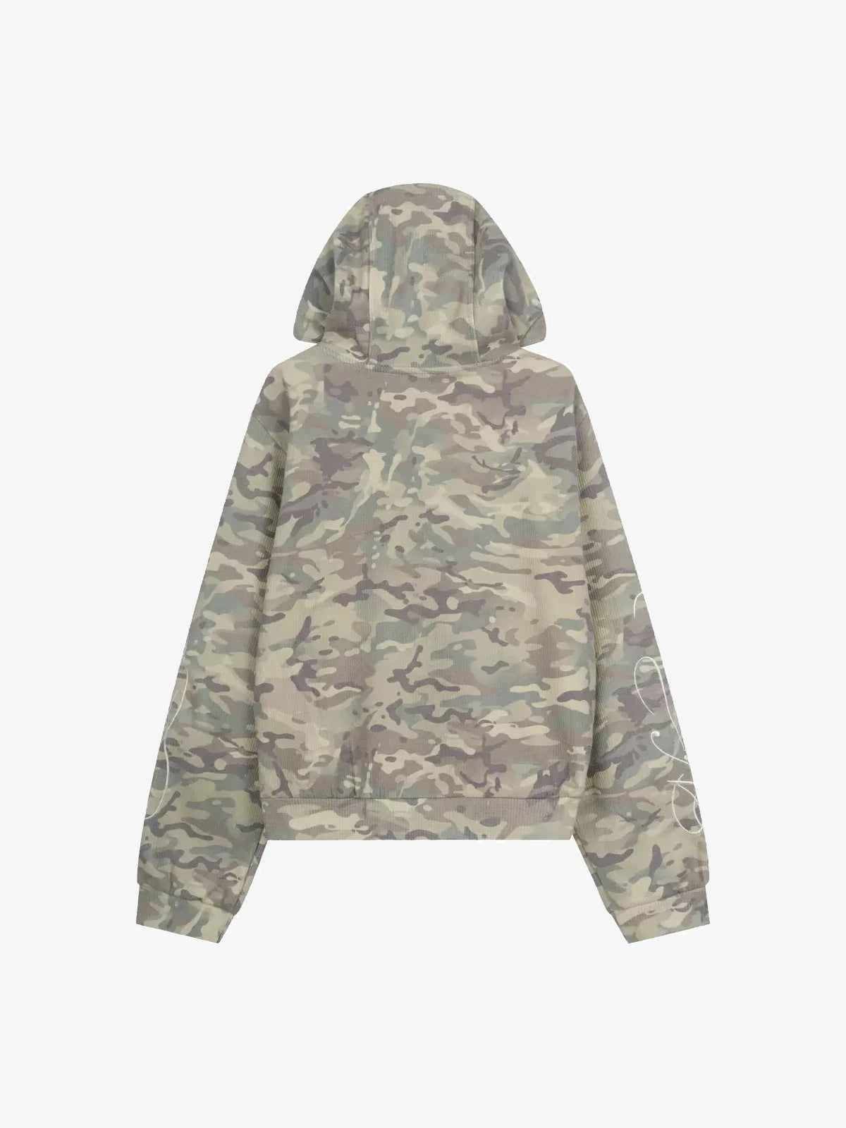 Camo-Print Script-Sleeve Zip-Up Heavyweight Hoodie