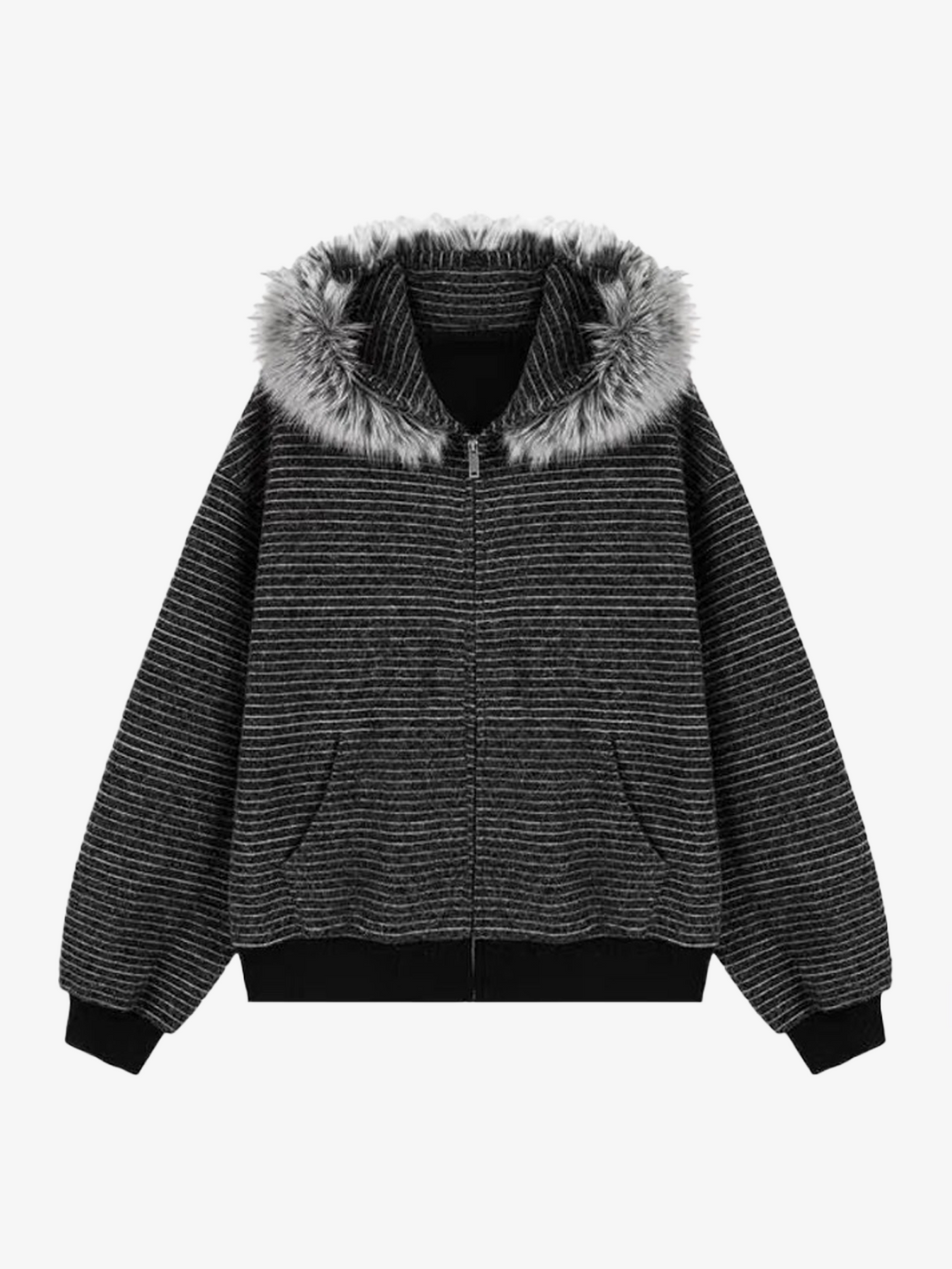 Striped Faux Fur Collar Zip-Up Hoodie Jacket