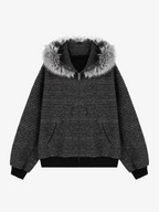 Striped Faux Fur Collar Zip-Up Hoodie Jacket
