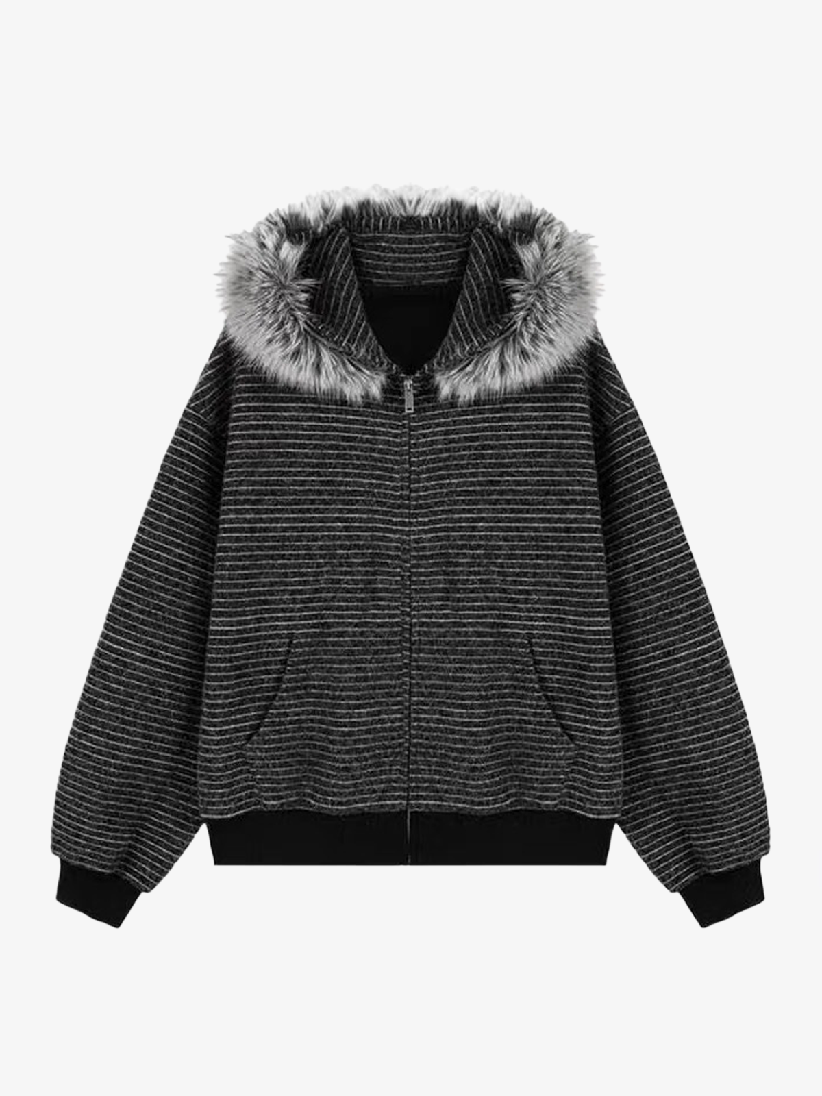 Striped Faux Fur Collar Zip-Up Hoodie Jacket