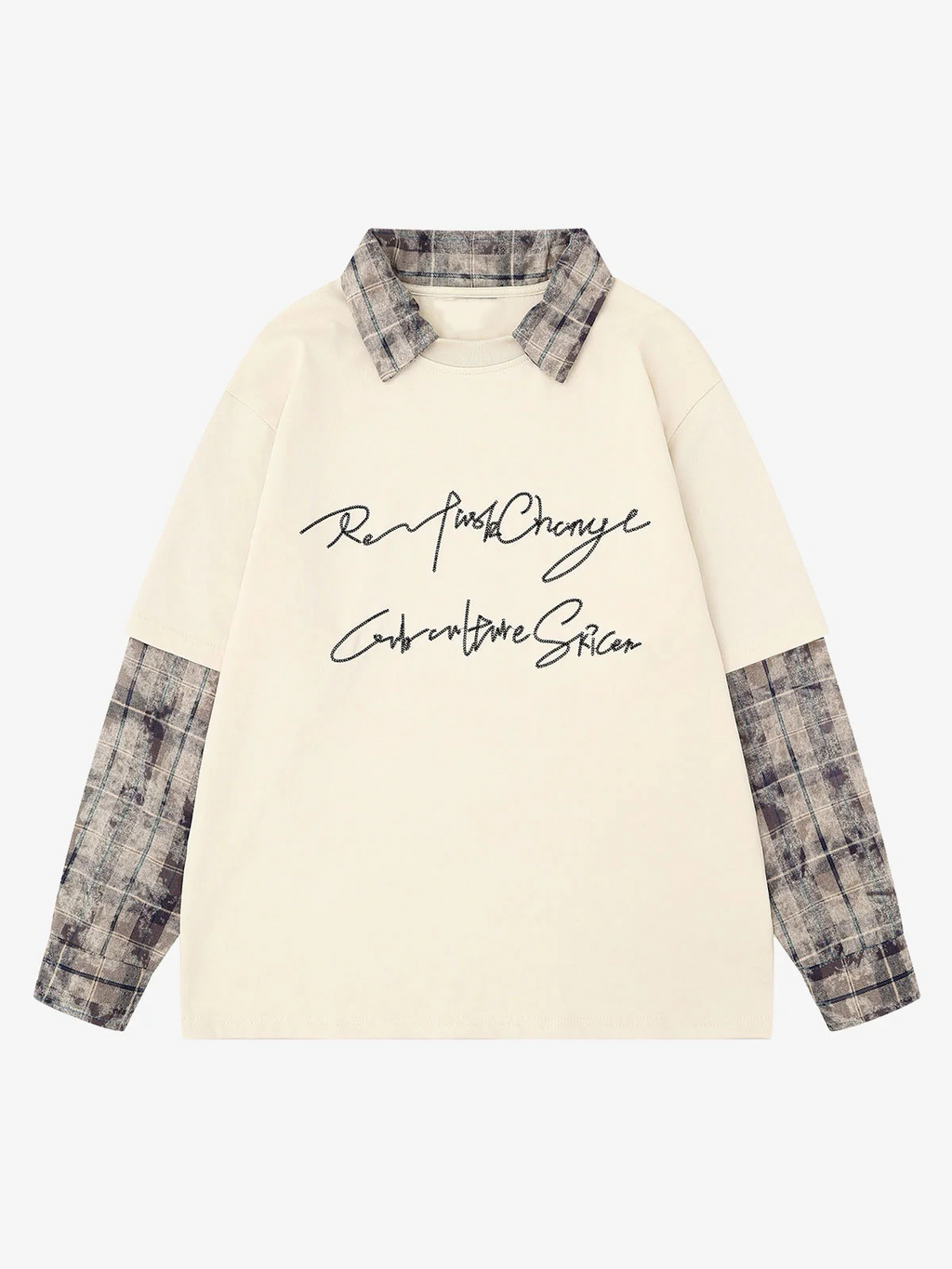 Plaid Patchwork Graphic Long Sleeve Tee