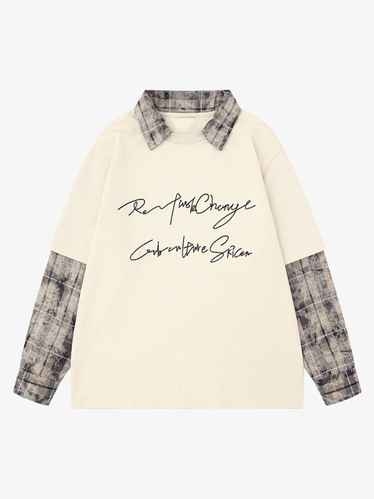 Plaid Patchwork Graphic Long Sleeve Tee