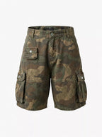 Distressed Camo Wide-Leg Cargo Shorts