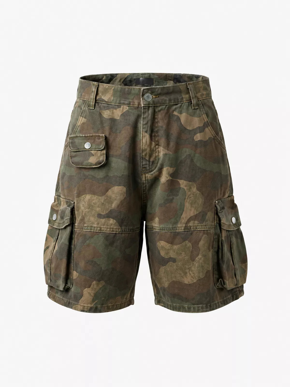 Distressed Camo Wide-Leg Cargo Shorts