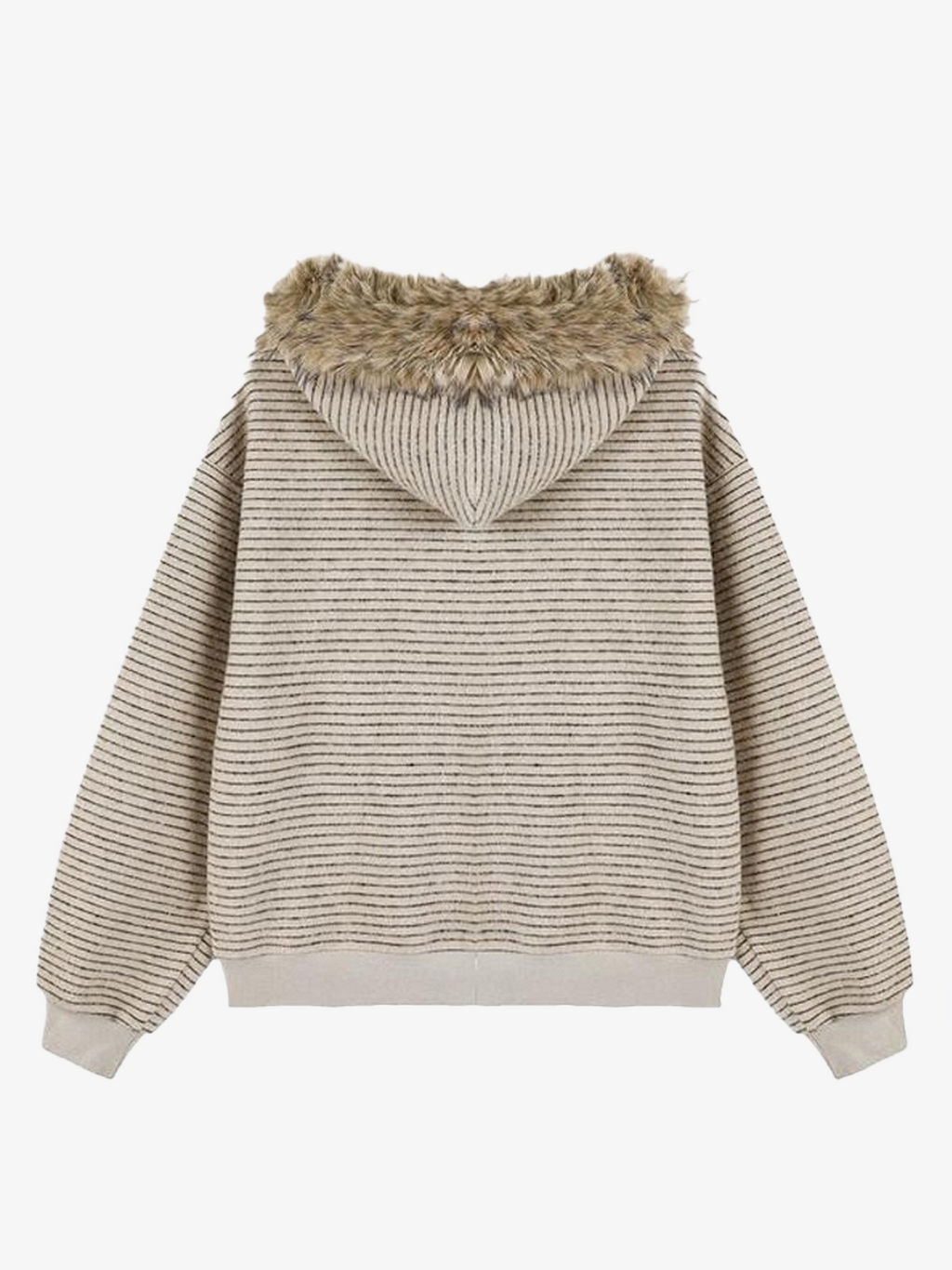 Striped Faux Fur Collar Zip-Up Hoodie Jacket
