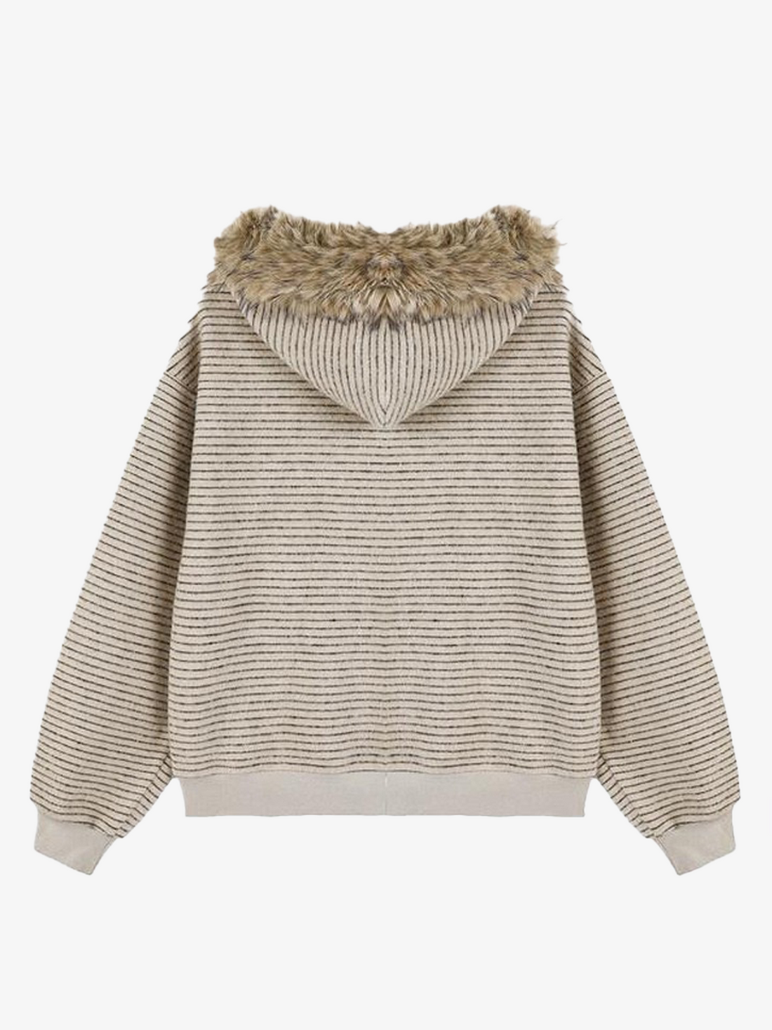 Striped Faux Fur Collar Zip-Up Hoodie Jacket