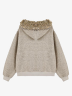Striped Faux Fur Collar Zip-Up Hoodie Jacket