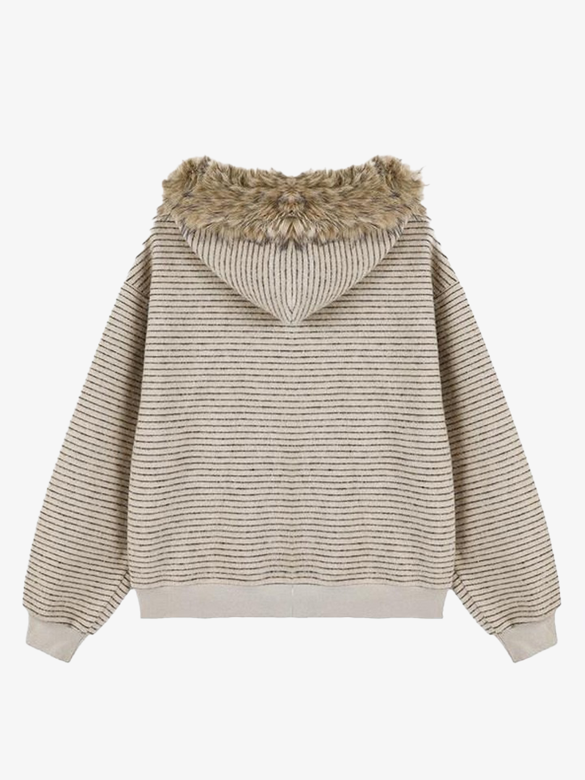Striped Faux Fur Collar Zip-Up Hoodie Jacket