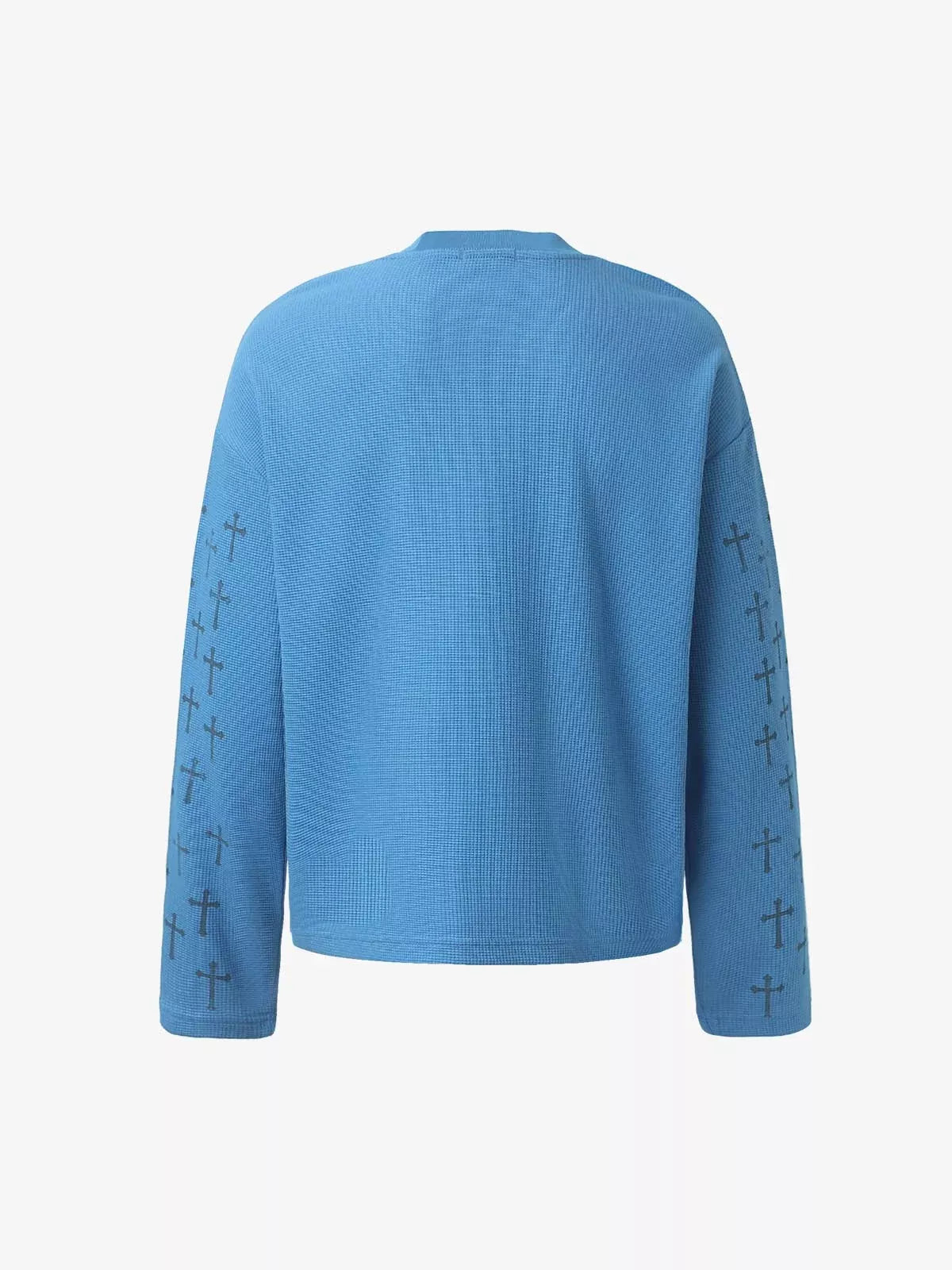 Cross Print Waffle Knit Long Sleeve Crew Neck Tee
