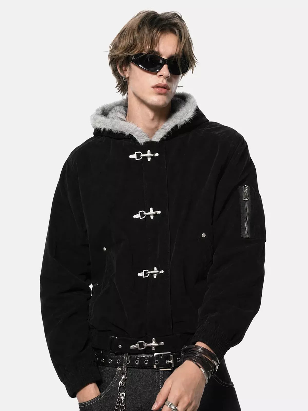 Faux Fur Lined Clasp Bomber Jacket