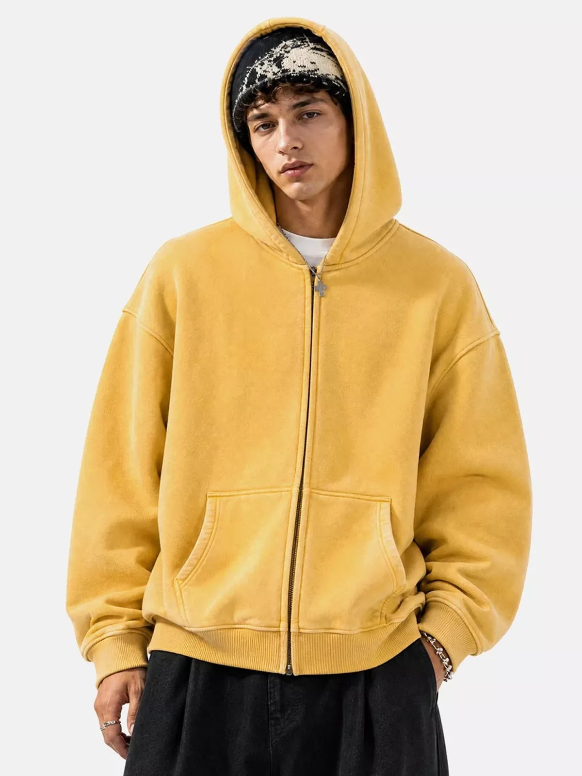 Washed Distressed Fleece Zip Up Hoodies
