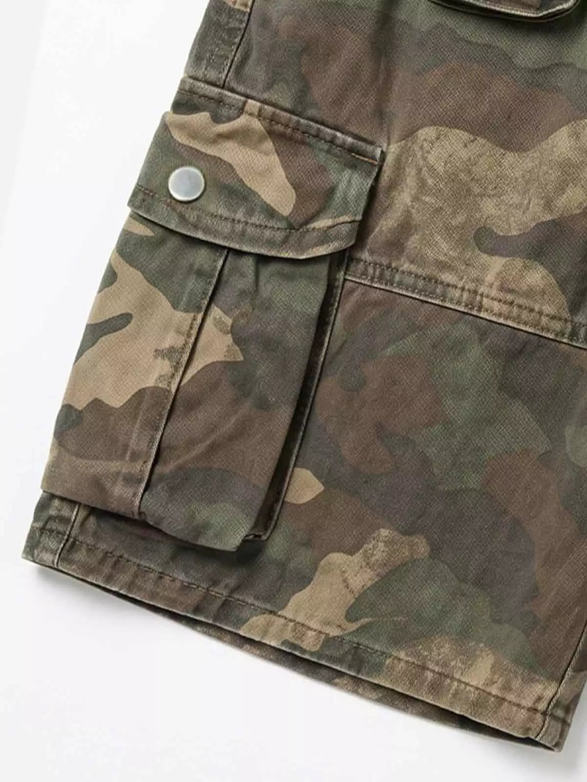 Distressed Camo Wide-Leg Cargo Shorts