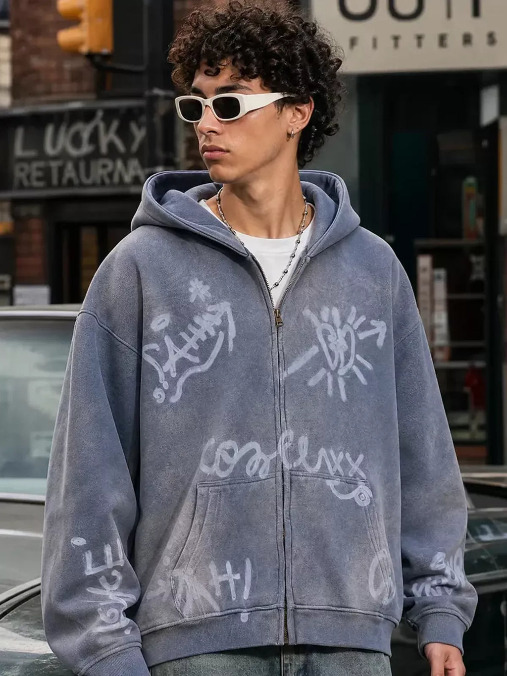 Graffiti Washed Zip Up Hoodies