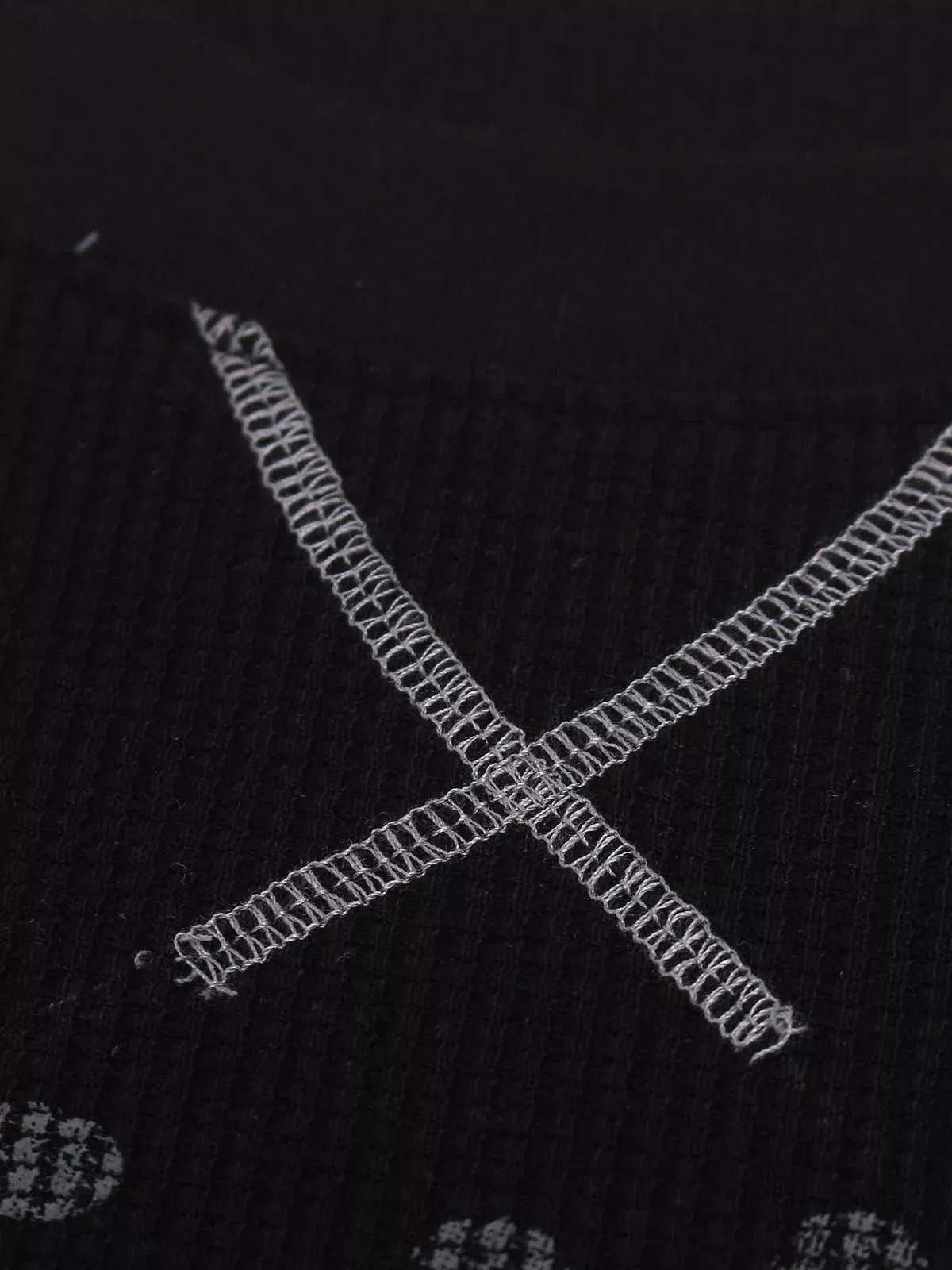 Cross Print Waffle Knit Long Sleeve Crew Neck Tee