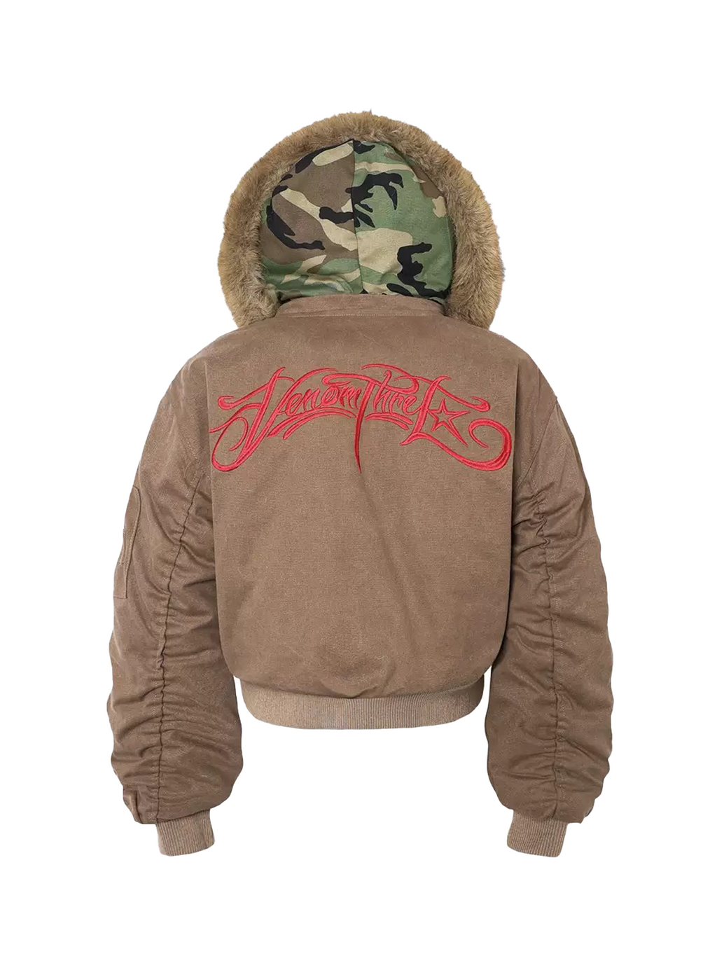 Camouflage Hood Faux Fur Brown Bomber Jacket