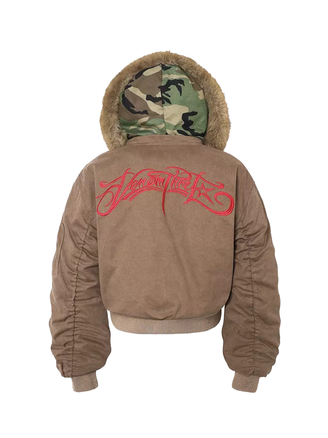 Camouflage Hood Faux Fur Brown Bomber Jacket