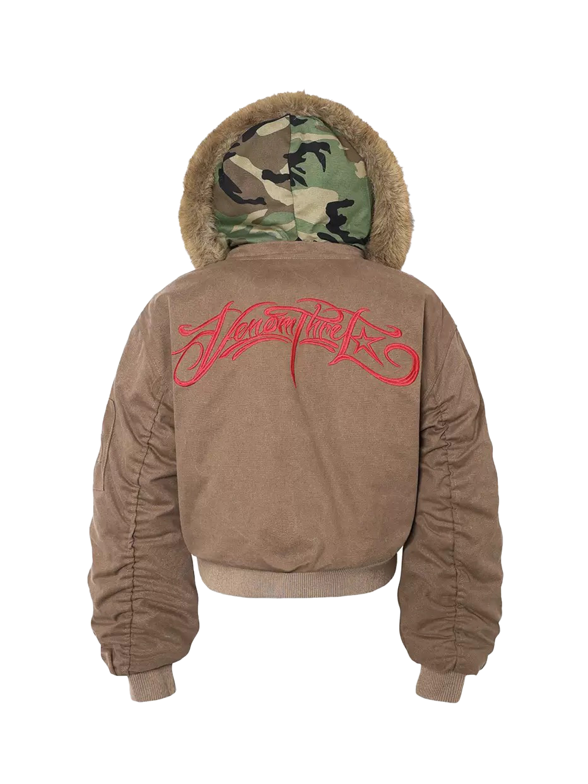 Camouflage Hood Faux Fur Brown Bomber Jacket