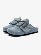 Washed-Denim Zipper-Strap Broad-Toe Clogs