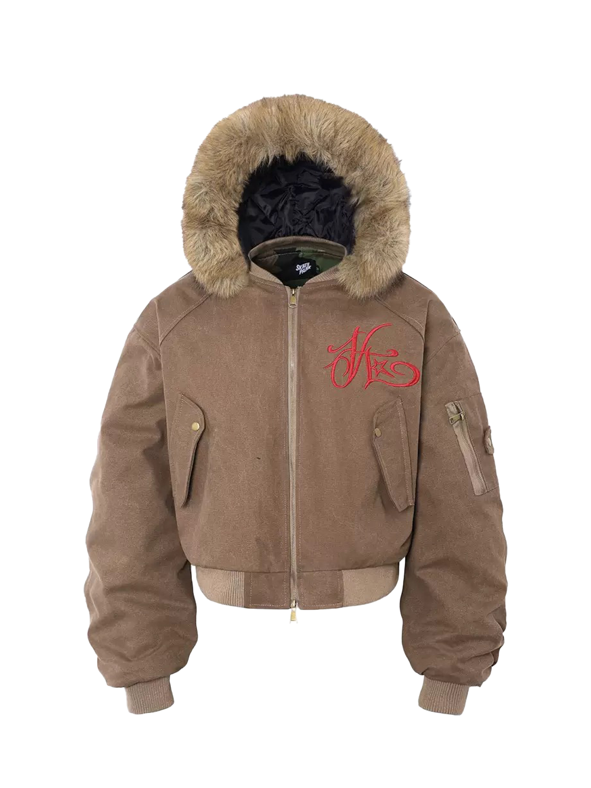 Camouflage Hood Faux Fur Brown Bomber Jacket