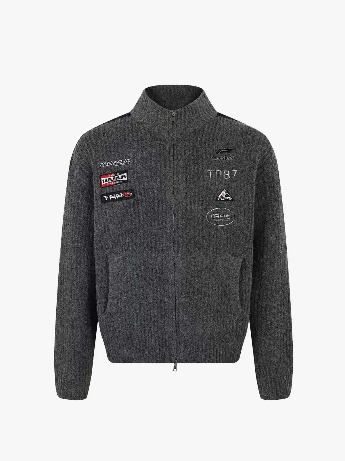 Racing-Patch Ribbed Knit High-Neck Zip-Up Cardigan