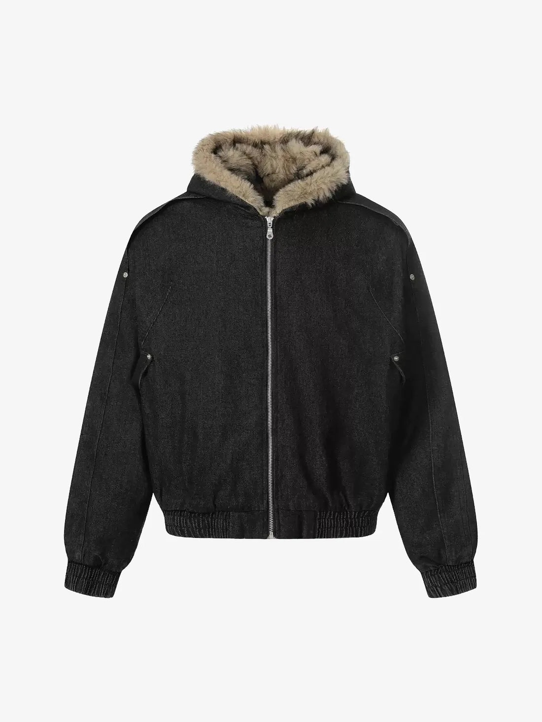 Faux Fur Trim Hooded Denim Bomber Jacket