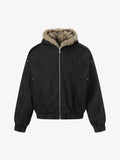 Faux Fur Trim Hooded Denim Bomber Jacket