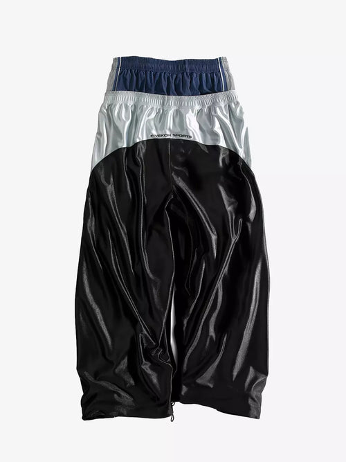 Glossy Silver-Gray Double-Waist Track Pants