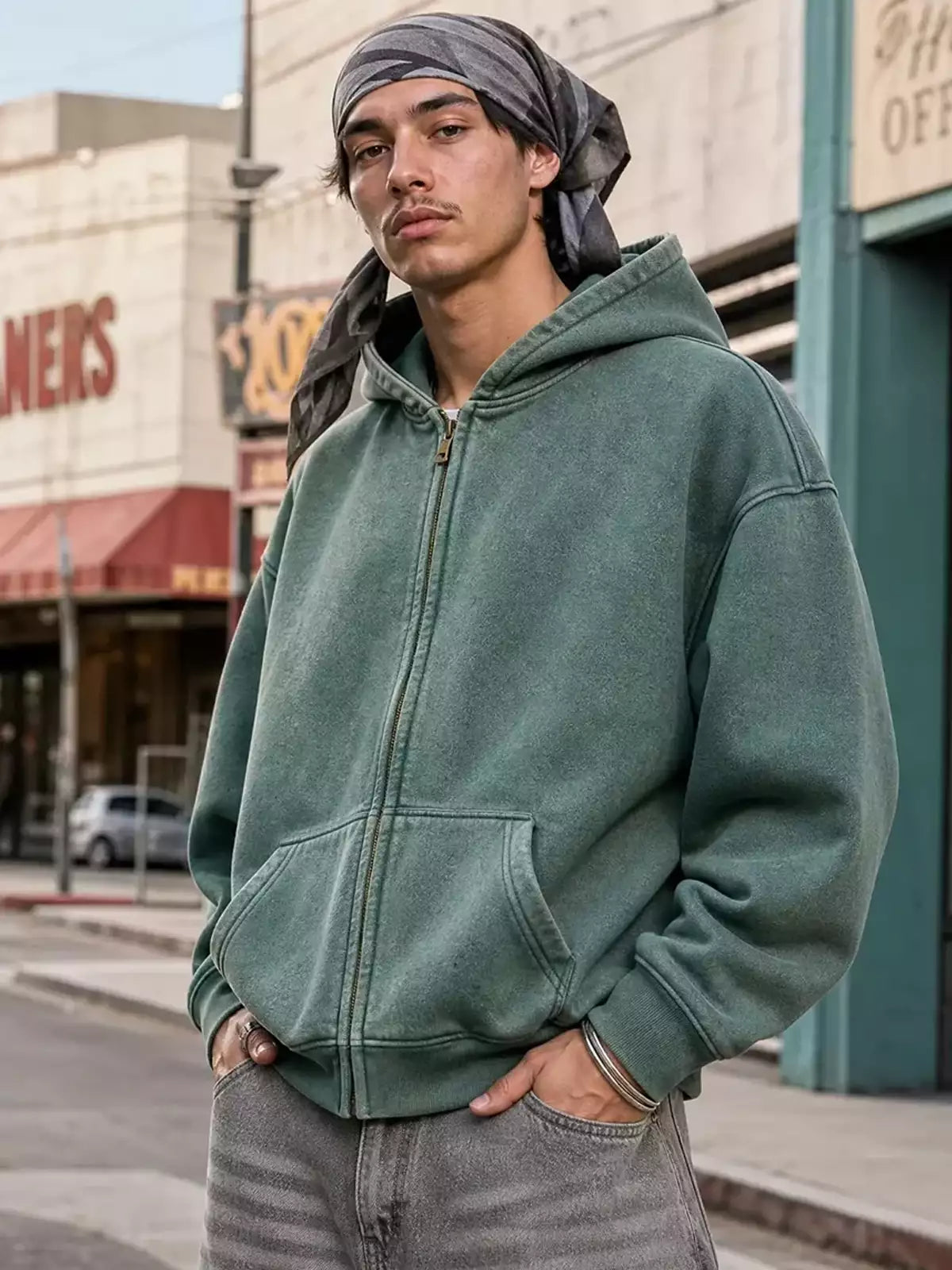 Washed Distressed Fleece Zip Up Hoodies
