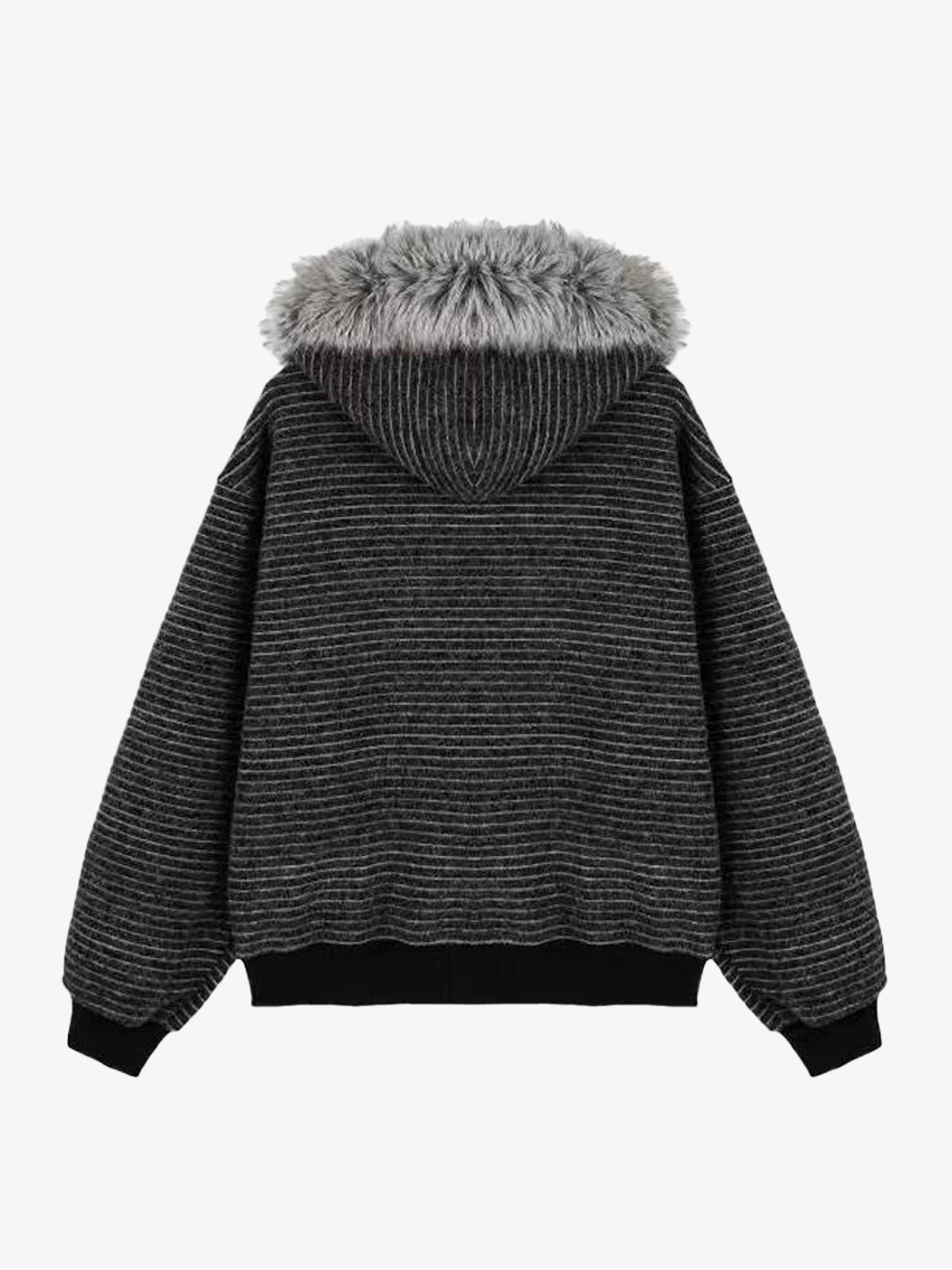 Striped Faux Fur Collar Zip-Up Hoodie Jacket