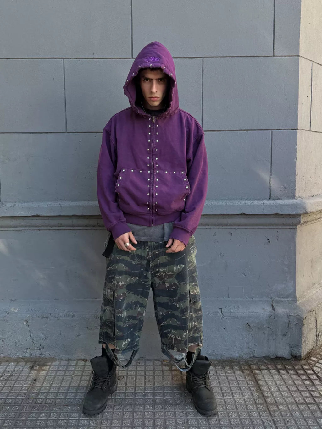 Studded Washed Zip-Up Hoodie Jacket