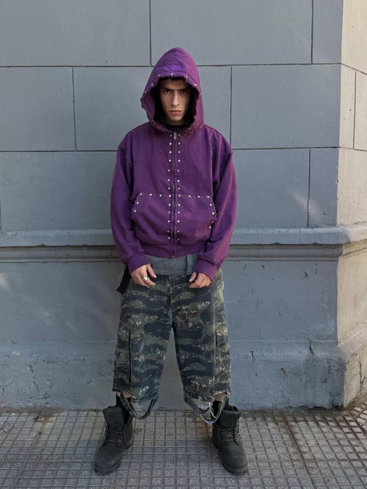 Studded Washed Zip-Up Hoodie Jacket