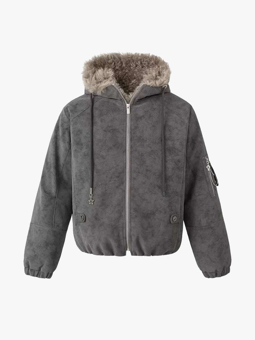 Fur-Trimmed Star-Pendant Suede-Finish Hooded Bomber Jacket