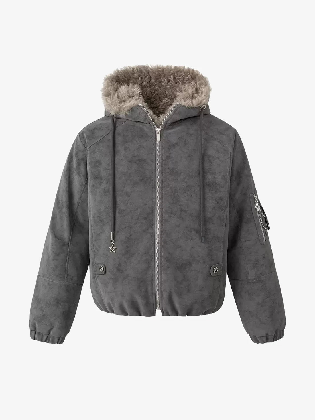 Fur-Trimmed Star-Pendant Suede-Finish Hooded Bomber Jacket