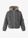 Fur-Trimmed Star-Pendant Suede-Finish Hooded Bomber Jacket